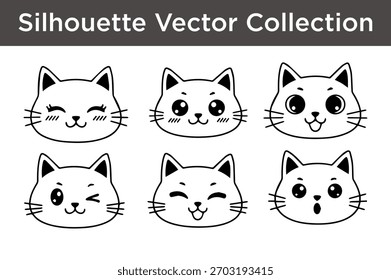 Uma coleção de seis diferentes silhuetas de cara de gato bonito com várias expressões, perfeito para o design gráfico.
