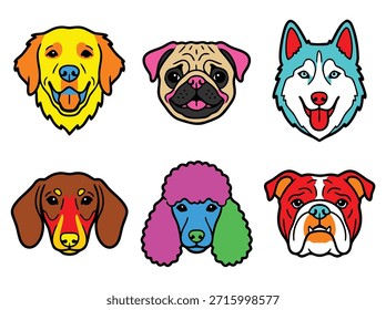 Una colección de seis razas de perros diferentes representadas en un estilo de Vector vibrante y caricaturesco, que muestra varias expresiones faciales y colores.