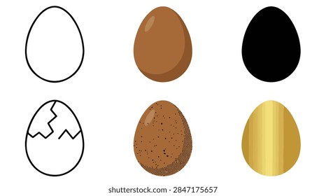 A collection of six different egg illustrations including line art, solid brown, black silhouette, cracked shell, speckled, and gold textures.