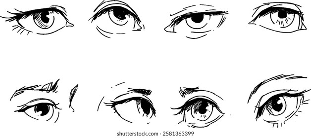 A collection of six different eye illustrations showcasing various styles and expressions. The eyes are drawn in a simplistic, line-art style, emphasizing details like eyelashes and pupil shapes.