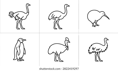 Collection of six different flightless bird line art icons