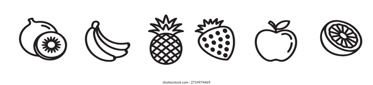 collection of six different fruit icons in a simple line art 