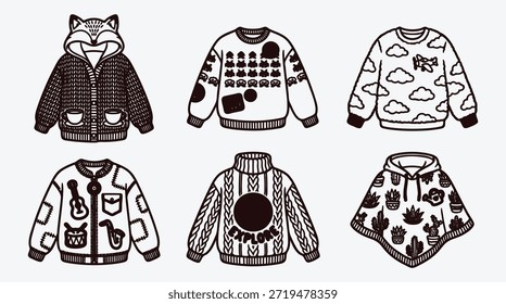 Kollektion von sechs verschiedenen Strickpullovern und Kapuzenpullovern mit verschiedenen Designs