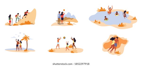 Colección de seis diferentes escenas de actividades de ocio con gente montañismo, natación, caminatas, a orillas del mar, jugar al balón y tomar el sol, ilustración vectorial de color caricatura plana aislada en blanco