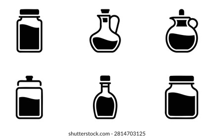 Collection of six different liquidfilled bottle and jar icons presented in a grid layout for visual convenience