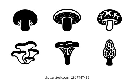 Collection of six different mushroom icons in black and white silhouette style