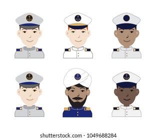 Collection of six different racial naval captain avatar icons. Vector illustration.