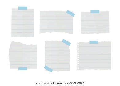 A collection of six different ripped paper pieces with blue horizontal lines. Each memo note and scrap is attached with light blue adhesive masking tape.