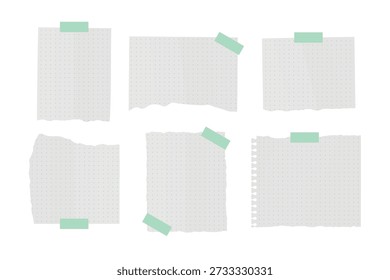 Uma coleção de seis diferentes pedaços de papel rasgado com padrão de grade de pontos. Cada sucata é anexada com fita adesiva verde clara.
