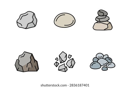 A collection of six different rock and stone illustrations including boulders, zen stacks, and pebbles isolated on a white background.