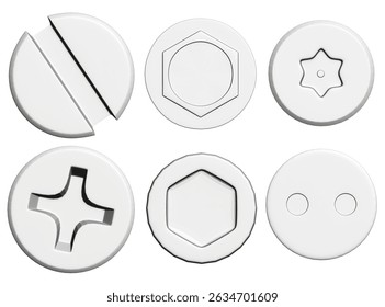 Uma coleção de seis cabeças de parafuso diferentes, incluindo uma estrela, um hexágono e uma cruz
