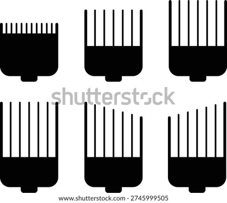 Collection of six different sized black silhouette icons representing adjustable guide combs used with electric hair clippers for precise cutting lengths.