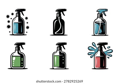 Collection of six different spray bottle icons representing cleaning and sanitizing liquids for hygiene