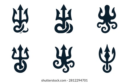 Collection of six different trident fork weapons with curved handles and prongs mythological symbols