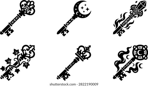 A collection of six distinct antique keys each with unique decorative elements like celestial moons fiery trails and intricate vine patterns. Ideal for fantasy themes or secret discovery concepts.