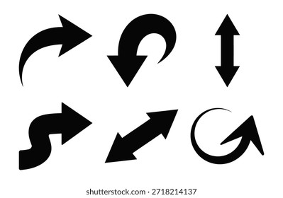 Uma coleção de seis gráficos de seta preta distintos exibidos contra um fundo branco puro. As setas apresentam diferentes estilos, como uma seta curva para a direita, uma seta curva para baixo, uma dupla vertical