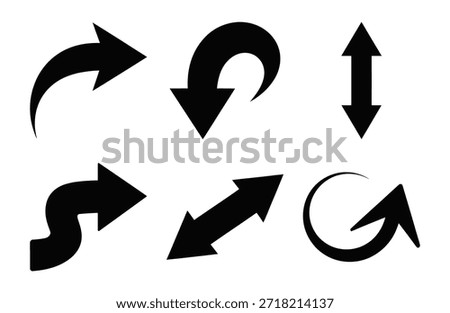 A collection of six distinct black arrow graphics displayed against a pure white background. The arrows feature different styles such as a curved right arrow, a downward curved arrow, a vertical doubl