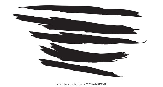 Una colección de seis pinceladas negras distintas, que varían en tamaño y textura, dispuestas verticalmente sobre un fondo blanco limpio.