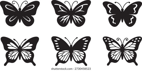 Una colección de seis siluetas de mariposa negras distintas con patrones blancos variados y decorativos, ideales para muchas aplicaciones de diseño.