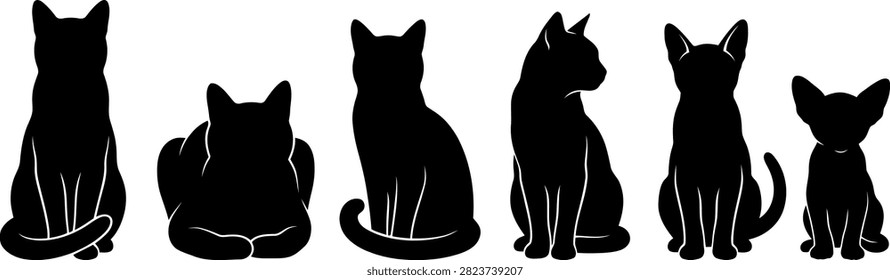 A collection of six distinct black cat silhouettes featuring different sitting and standing poses isolated on a white background