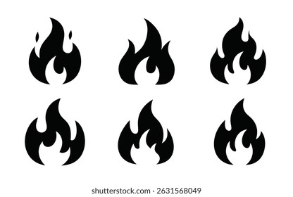 Collection of six distinct black flame icons, varying in style and detail, perfect for design projects needing fire symbols.