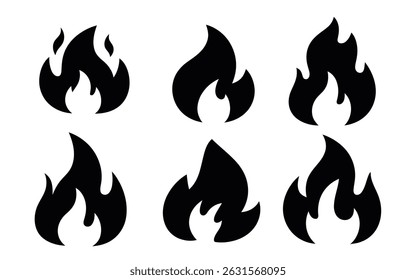 Coleção de seis ícones de chama preta distintos, perfeito para logotipos, designs ou interfaces de aplicativos. Simples, arrojado e versátil.