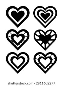 Collection of six distinct black heart graphic designs presented in a grid