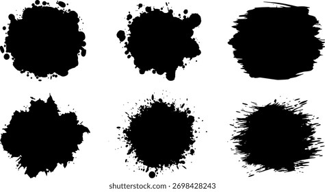 Una colección de seis salpicaduras de tinta negra distintas y texturas de pinceladas aisladas sobre un fondo blanco. Las texturas varían en tamaño y forma, mostrando diferentes aplicaciones de tinta o pintura. 