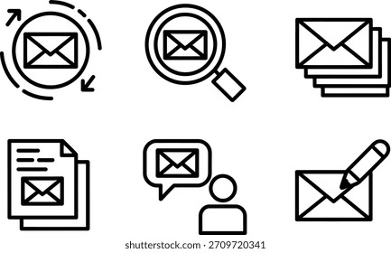 Una colección de seis iconos de contorno negro distintos que representan varias funciones de correo electrónico y mensajería como búsqueda, documento, envío y comunicación, perfecto para el diseño de interfaz digital.