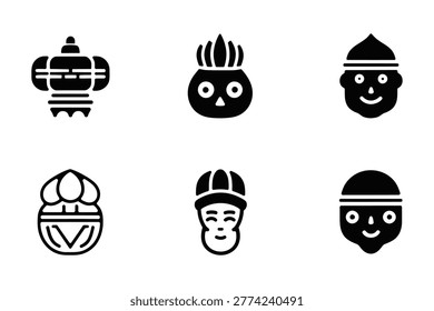 A collection of six distinct black silhouette icons representing various African masks and traditional headwear styles.