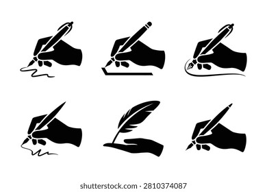 A collection of six distinct black silhouette icons showing human hands in the act of writing with different pens and a classic quill feather pen. These minimalist graphic elements are perfect for any professional education or office stationery design.