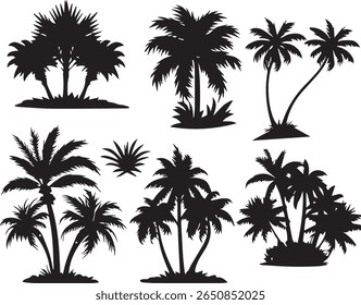 A collection of six distinct black silhouettes of tropical palm trees used for design elements