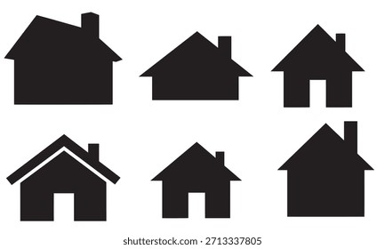 A collection of six distinct black solid shapes representing simple houses or homes, each featuring a chimney. These graphic elements are ideal for web design, application interfaces, or print materia