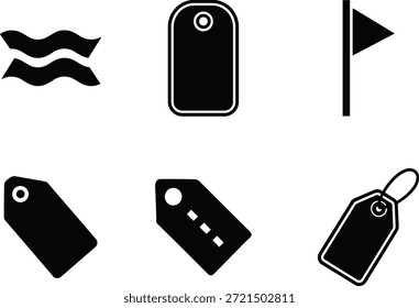 A collection of six distinct black vector icons on a white background, including various tag shapes, a symbol representing waves or water, and a triangular flag on a pole.