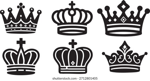 Una colección de seis diseños de corona en blanco y negro distintos presentados como siluetas, adecuados para temas relacionados con la monarquía, el poder o el Estado real. Estos gráficos son limpios y fácilmente escalables.