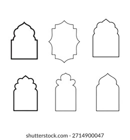 Una colección de seis arcos islámicos distintos en blanco y negro mostrados sobre un fondo blanco limpio.