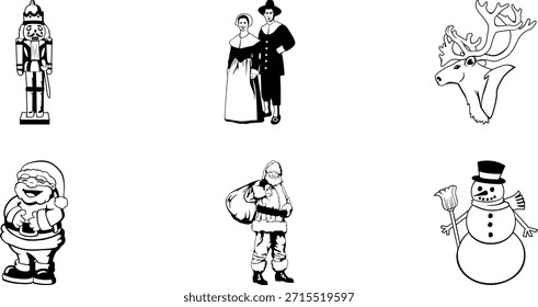 Coleção de seis distintos gráficos vetoriais temáticos de férias em preto e branco inclui um soldado maluco clássico um casal peregrino colonial uma cabeça de rena majestosa um Papai Noel rindo figura um completo