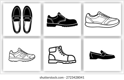 Eine Kollektion von sechs verschiedenen schwarz-weißen Schuhsymbolen, darunter Loafer, Kleiderschuhe, Turnschuhe und ein Arbeitsschuh, die auf weißem Hintergrund angeordnet sind und verschiedene Schuhstile darstellen.