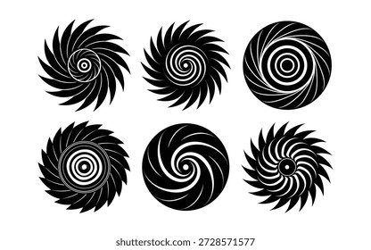 Uma coleção de seis distintos desenhos abstratos circulares em preto e branco, cada um apresentando intrincados padrões de redemoinho que lembram turbinas ou vórtices.