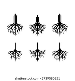 A collection of six distinct black and white illustrations depicting tree roots, varying in complexity and style, presented in a grid format.