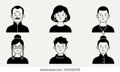 A collection of six distinct black and white avatar illustrations representing a diverse group of people, suitable for profiles or user icons.