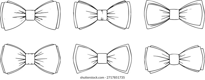 A collection of six distinct bow tie designs, sketched in a simple, elegant black and white line art style.