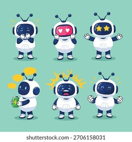Una colección de seis robots de dibujos animados distintos, cada uno representado con expresiones faciales y poses únicas, mostrando emociones y actividades.