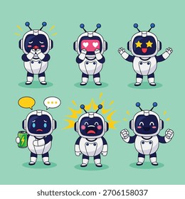 A collection of six distinct cartoon robots, each depicted with unique facial expressions and body language, showcasing a range of emotions and activities.