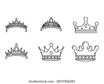 A collection of six distinct crown designs presented as a monochrome icon bundle. Each element is rendered in a clean, minimalist silhouette style, highlighting the unique shapes and ornamental details of royal headwear against a plain background.
