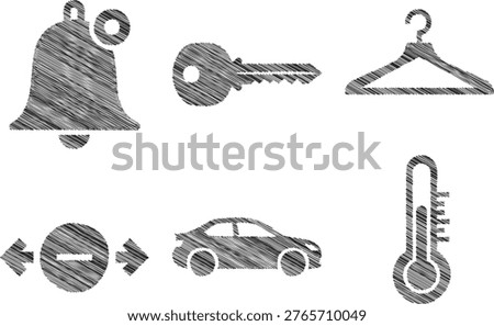 Collection of six distinct everyday icons and symbols