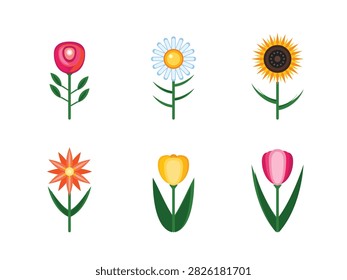 A collection of six distinct flatstyle flower illustrations in vibrant colors, including rose, daisy, sunflower, starshaped and tulips.