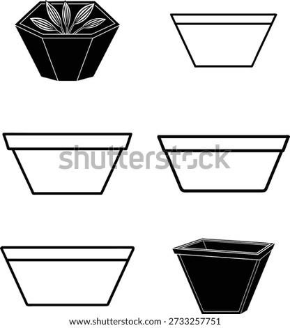 Collection of six distinct flower pot designs, featuring both clean outlines and bold solid-filled styles. The set includes a variety of shapes—trapezoidal, rectangular, and octagonal—with one pot containing stylized plants. This illustrates diverse planters for gardening and decor.