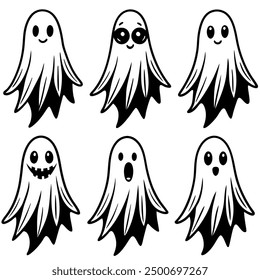 A collection of six distinct ghosts with various faces on white