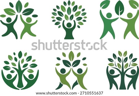 A collection of six distinct green logo designs featuring stylized human figures interacting with or forming part of a tree, symbolizing growth, community, and nature conservation.